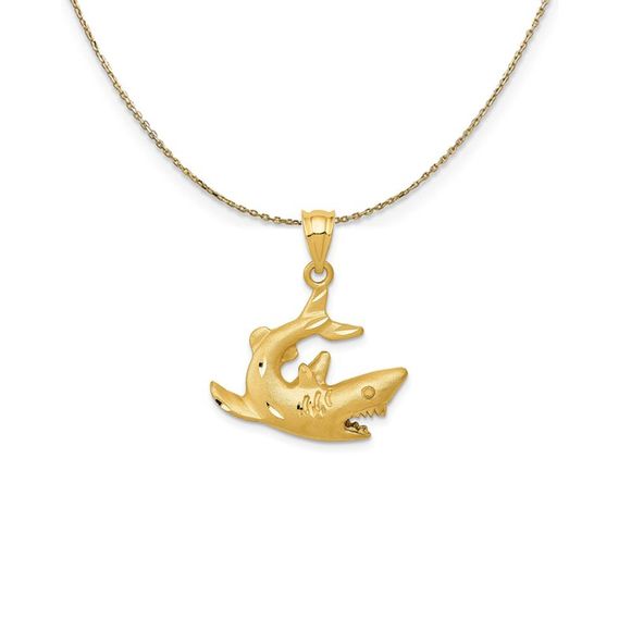 14k Yellow Gold Diamond-Cut & Satin 2D Shark Necklace - 20 Inch